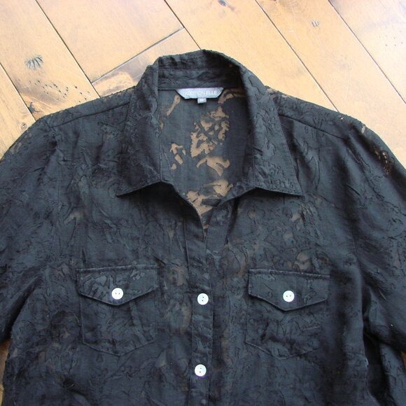 Addition Elle Black Lace Tunic Blouse Button Front Tie Waist Open Lace Size 16 - Picture 2 of 9